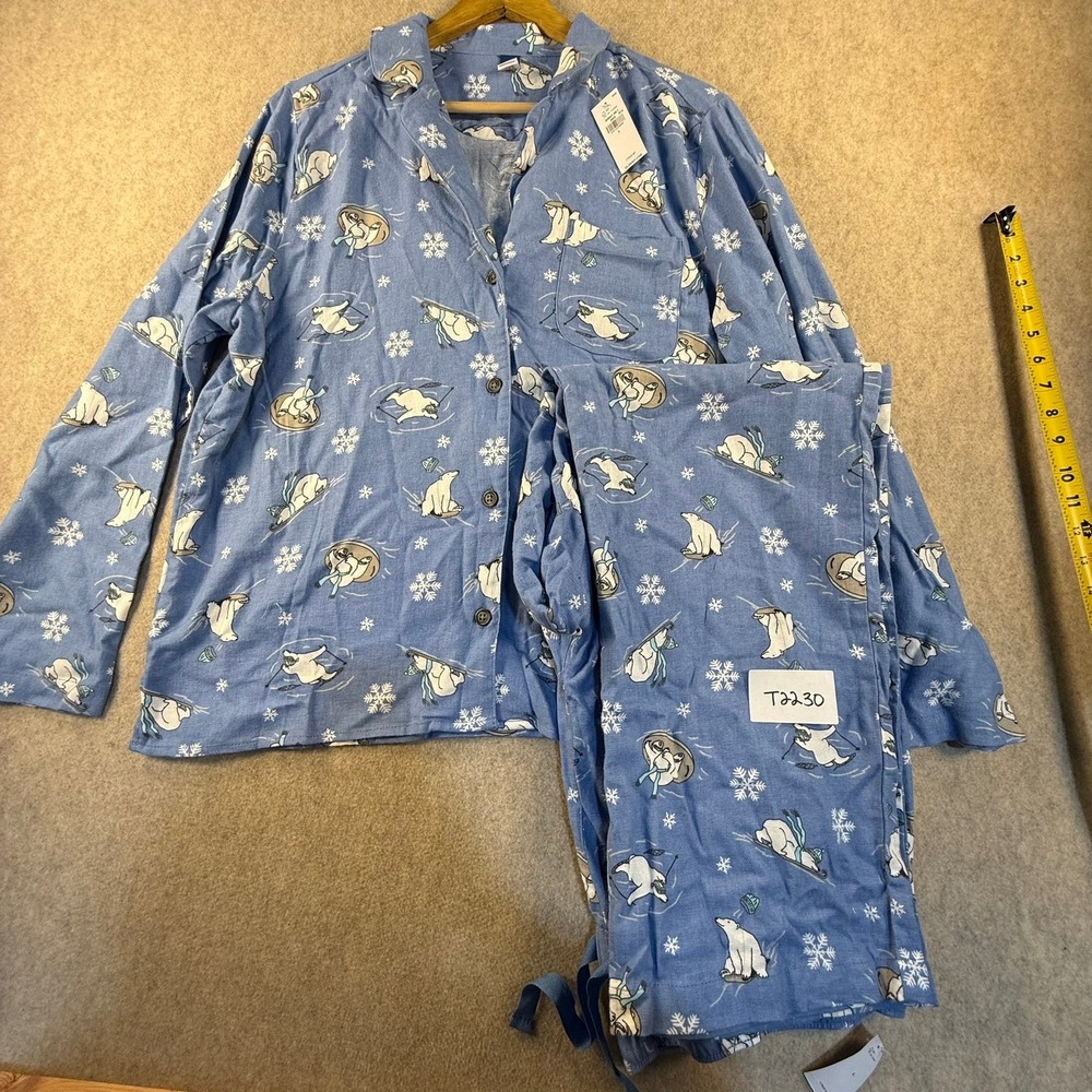 Old Navy Mens Flannel Pajama Set Blue Polar Bear Snowflake 2 Piece 509947-08-1 L